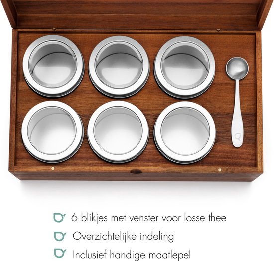 Bredemeijer Theedoos met 6 theeblikken en lepel acaciahout