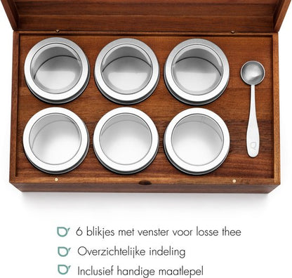 Bredemeijer Theedoos met 6 theeblikken en lepel acaciahout