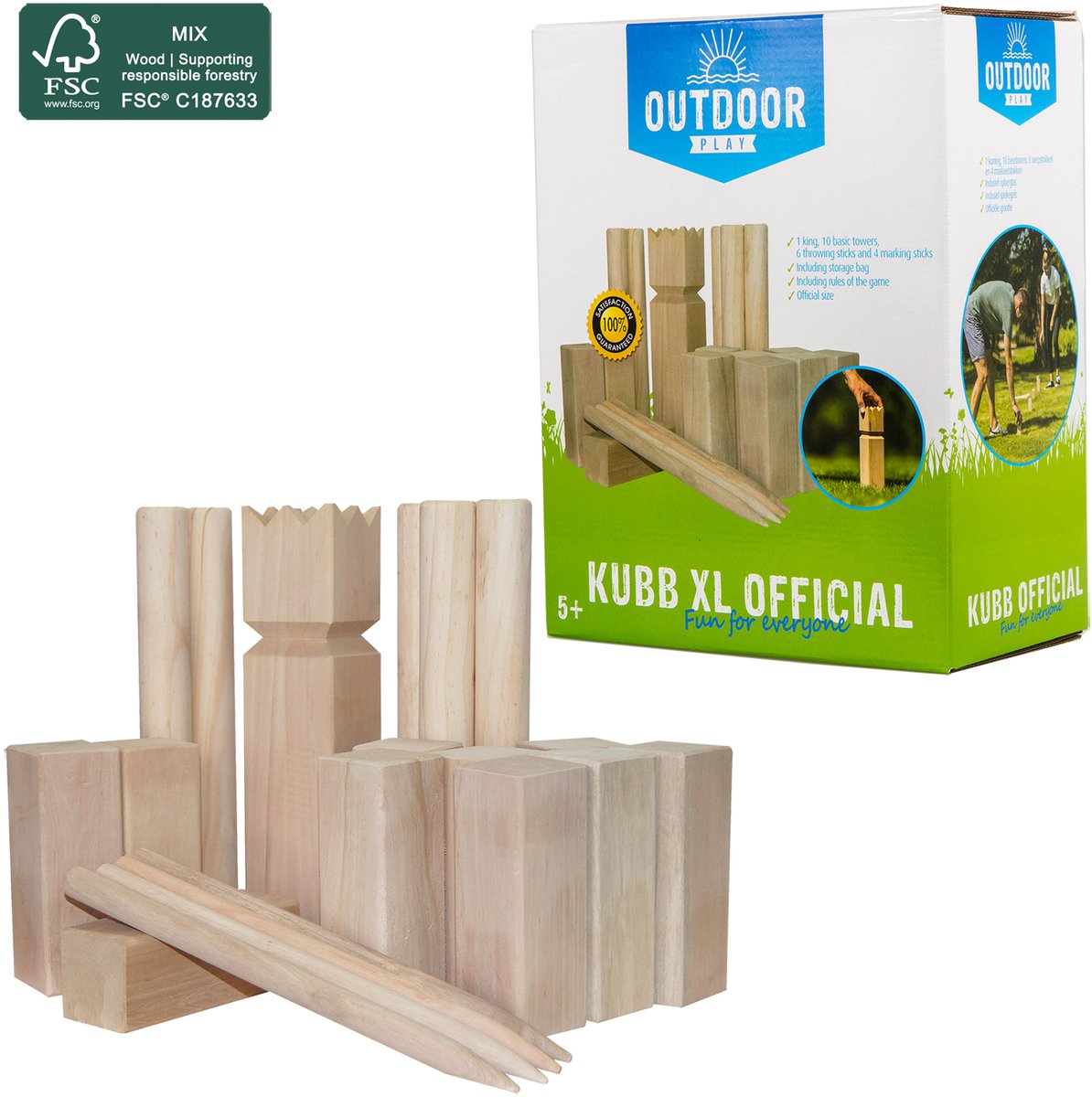 Outdoor Play Kubb spel XL met draagtas FSC hout