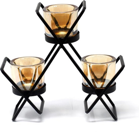 Ancient Wisdom Triangular 3-Cup Iron and Glass Candlestick