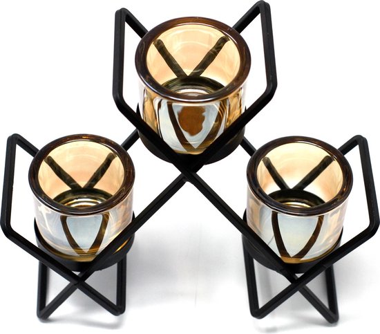 Ancient Wisdom Triangular 3-Cup Iron and Glass Candlestick