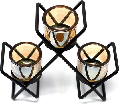 Ancient Wisdom Triangular 3-Cup Iron and Glass Candlestick