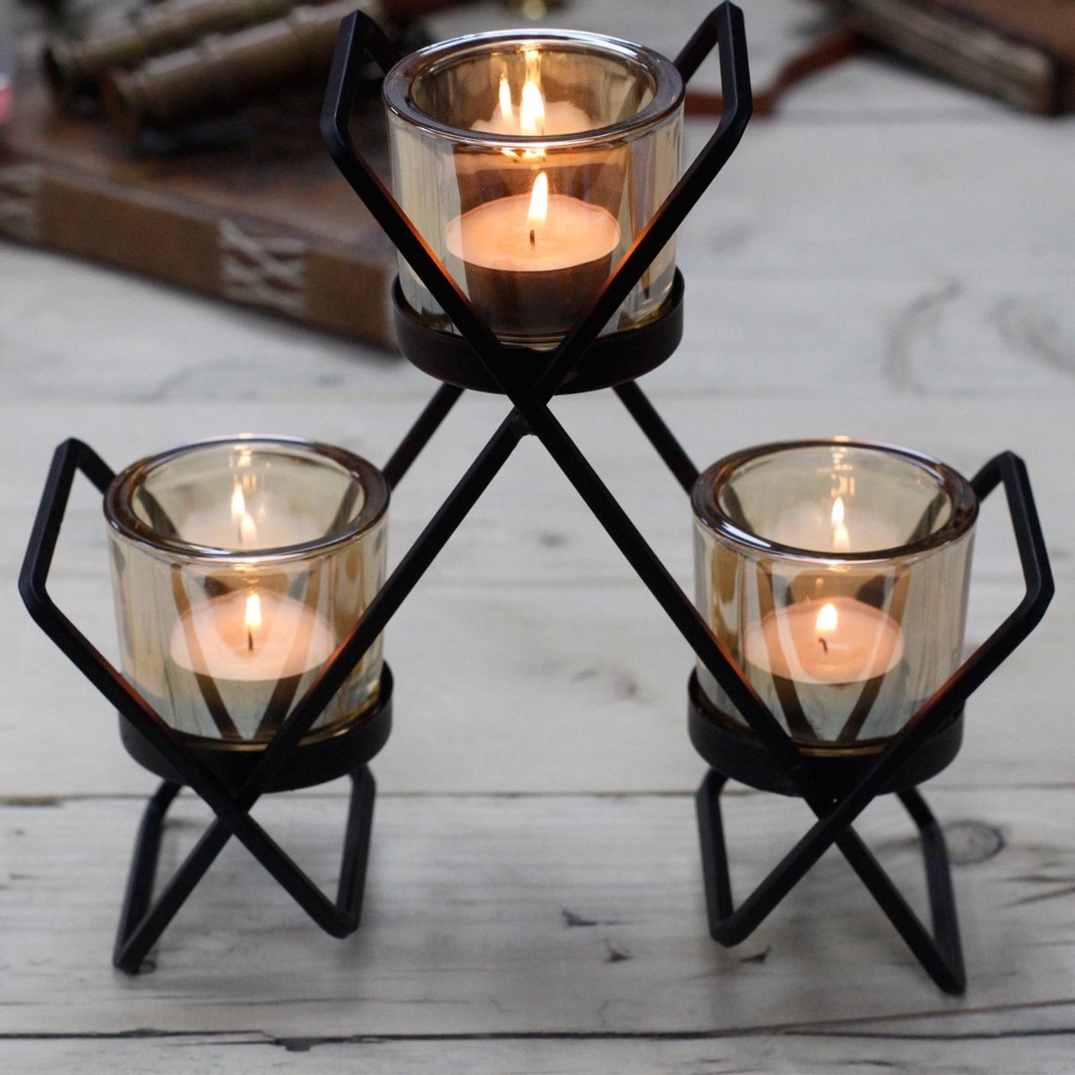 Ancient Wisdom Triangular 3-Cup Iron and Glass Candlestick