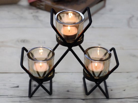 Ancient Wisdom Triangular 3-Cup Iron and Glass Candlestick