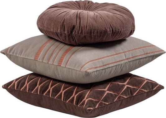 WOOOD Aziz Kussens Velvet stof Bruin/Naturel Set Van 3