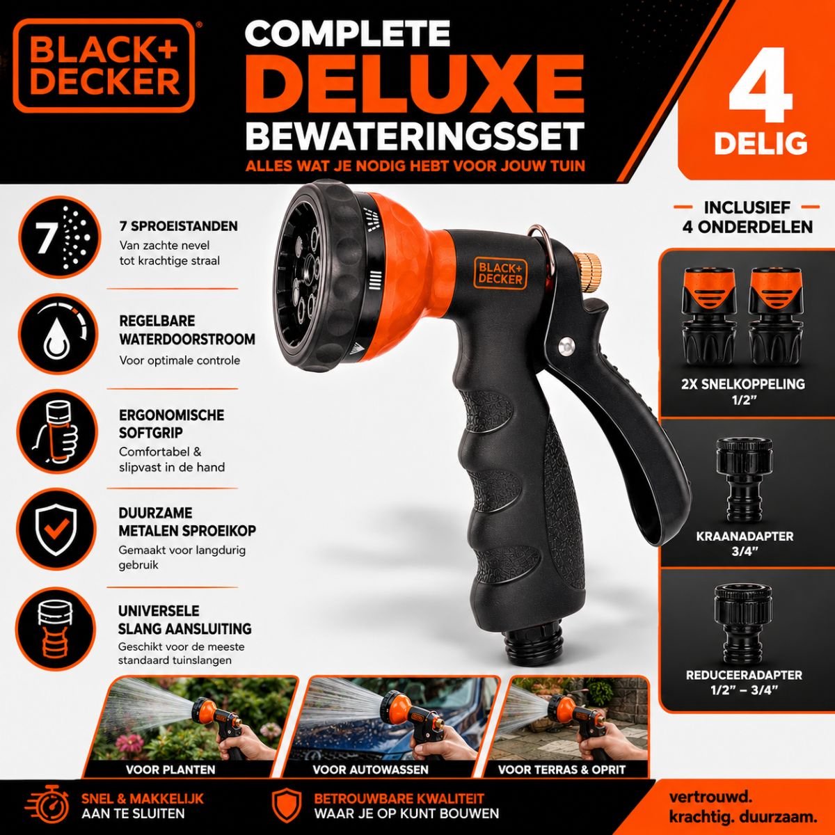 BLACK+DECKER Sproeikop met 3 Tuinslang Koppelingen